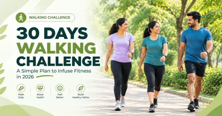 30 Days Walking Challenge with three Indian adults walking together in a green park